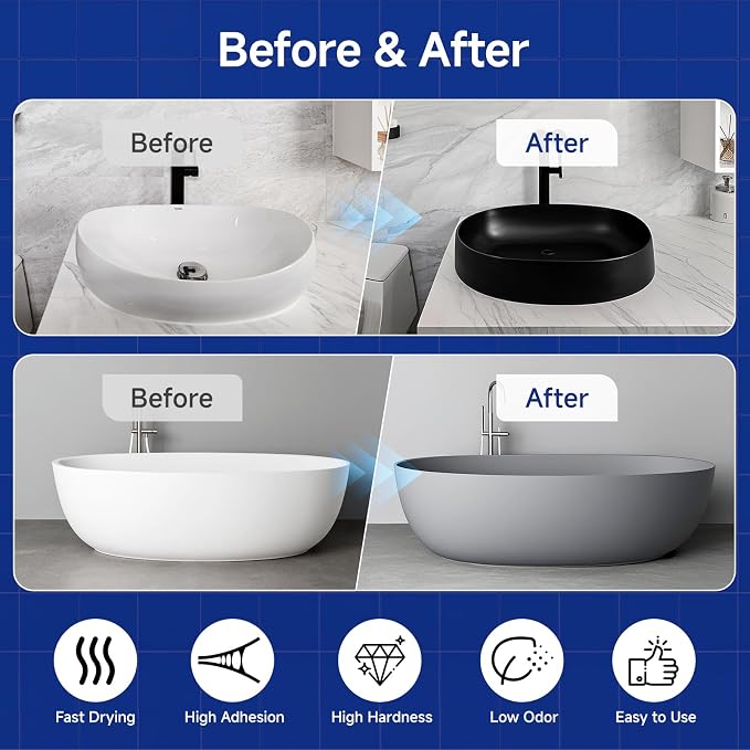 Tub and Tile Refinishing Kit with Tools, 35oz White Tile Paint Water Based & Low Odor, DIY Bathtub Paint, Easy to Use for Bathroom, Kitchen, Porcelain, Floor, 50-60sq.ft（Light Grey）