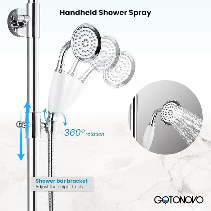 gotonovo Exposed Bathroom Shower System Two Cross Handle Polished Chrome | Vintage Brass Tub Shower Faucet Set,8’’ Rain Head with Handheld Spray,Swivel Tub Spout,6’’ Hole Distance,Adjustable Height