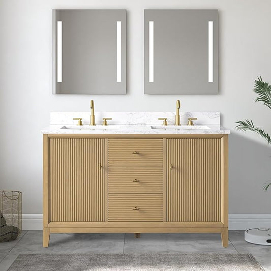 Vanity Art 54" Bathroom Vanity with Double Sink & Arabescato White Engineered Stone Top, Vanity Cabinet with Soft Closing Door, Solid Wood Frame, Golden Brushed Handles, Natural Oak VA8154D-NO-GB