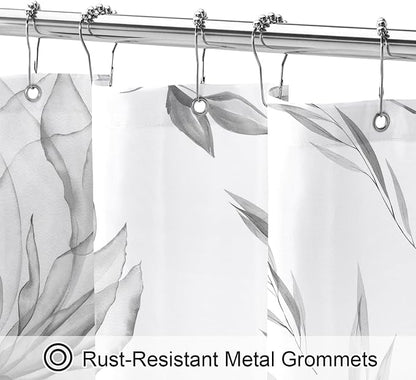 Grey Boho Floral Shower Curtain, Watercolor Botanical Design, 36 x 72 | Boho Floral Design, Watercolor Ink Painting Style, Botanical Flowers & Leaves, Elegant Bathroom Accent, Fabric Cloth Curtain