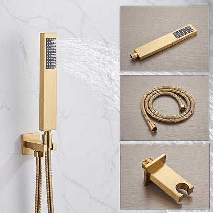 10 Inch Shower Faucet Set,Brushed Gold Shower System With Handheld | Square Shower Head with Shower Trim Kit And Handheld Shower Valve,Multi-function Rainfall,Rain Shower & Handheld Spray Combo
