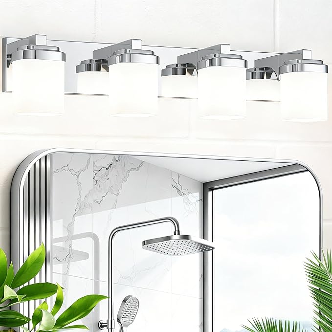 Modern Bathroom Vanity Lights, Bathroom Light Fixtures Over Mirror | 4-light chrome light fixture bathroom with milky white square glass shade, 29" farmhouse lighting fixtures lights for wall