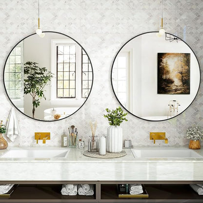 Black Round Bathroom Mirror 24", Thin Metal Frame Wall Mirror | Circle Vanity Mirror for Over Sink, Hanging or Leaning Decor for Hallway, Entryway, Fireplace Mantel, Living Room