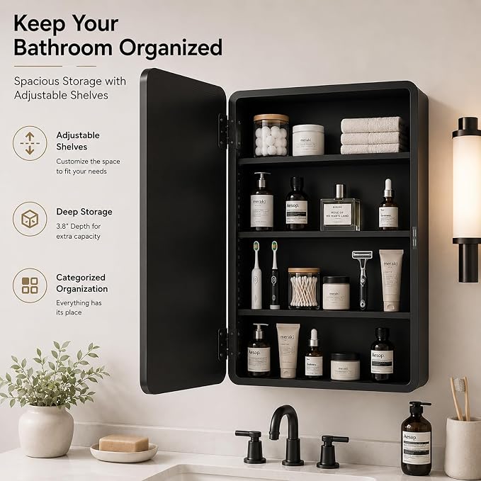 16x22 Medicine Cabinet with Mirror, Black Metal, Recessed or Surface Mount | 2 adjustable metal shelves, soft-close hinge, reversible installation, 95% assembled, cutout 13.82"W x 17.52"H x 3.66"D