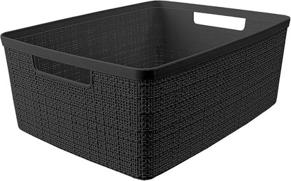 Curver Set of 6 Medium 12L Jute Decorative Plastic Organization and Storage Baskets - Perfect Bins for Home Office, Closet Shelves, Kitchen Pantry and All Bedroom Essentials, Black