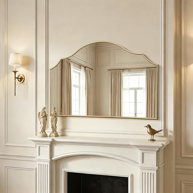 Besdomus Gold Scalloped Wall Mirror: 54"x34" Oversized Wooden Arched Mirror | Modern Minimalist Decorative Mirror for Fireplace/Bathroom/Bedroom/Entryway/Living Room/Dining Room/Vanity/Dresser/Over Sink