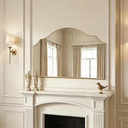 Besdomus Gold Scalloped Wall Mirror: 54"x34" Oversized Wooden Arched Mirror | Modern Minimalist Decorative Mirror for Fireplace/Bathroom/Bedroom/Entryway/Living Room/Dining Room/Vanity/Dresser/Over Sink