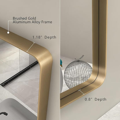 66x36 Inch Gold Bathroom Mirror, Brushed Metal Frame Gold Vanity Mirror, Large Rectangle Mirror for Wall, Rounded Corner, Shatterproof, Anti-Rust (Horizontal/Vertical)