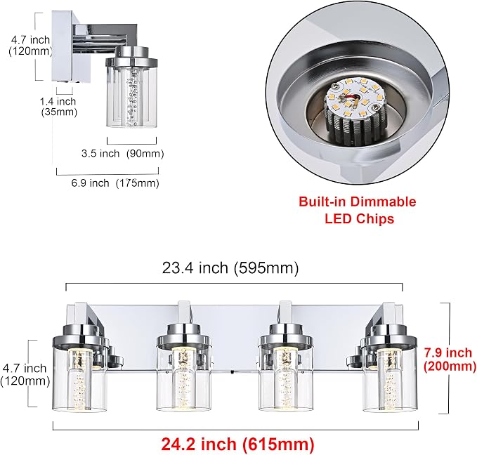 MELUCEE 4-Light LED Bathroom Lighting Fixtures Chrome, 5CCT Adjustable | Dimmable LED Vanity Light for Bathroom Bubble Crystal Bathroom Wall Lights with Clear Glass Shade, Built-In LED Chips