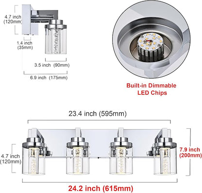MELUCEE 4-Light LED Bathroom Lighting Fixtures Chrome, 5CCT Adjustable | Dimmable LED Vanity Light for Bathroom Bubble Crystal Bathroom Wall Lights with Clear Glass Shade, Built-In LED Chips