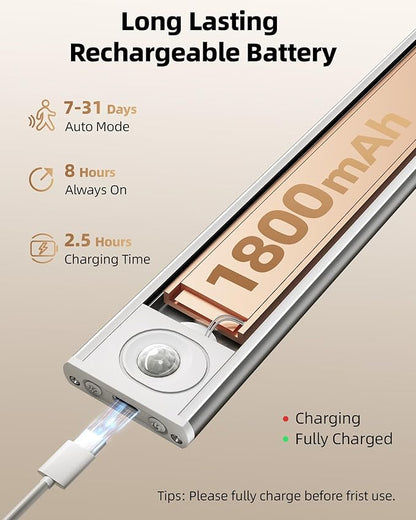 8inch Under Cabinet Lighting Wireless, 3-Pack Rechargeable Battery Motion Sensor Light Indoor, LED Closet Lights USB Charging, 3 Color Dimmable Under Cabinet Lights for Kitchen, Cabinet, Wardrobe.