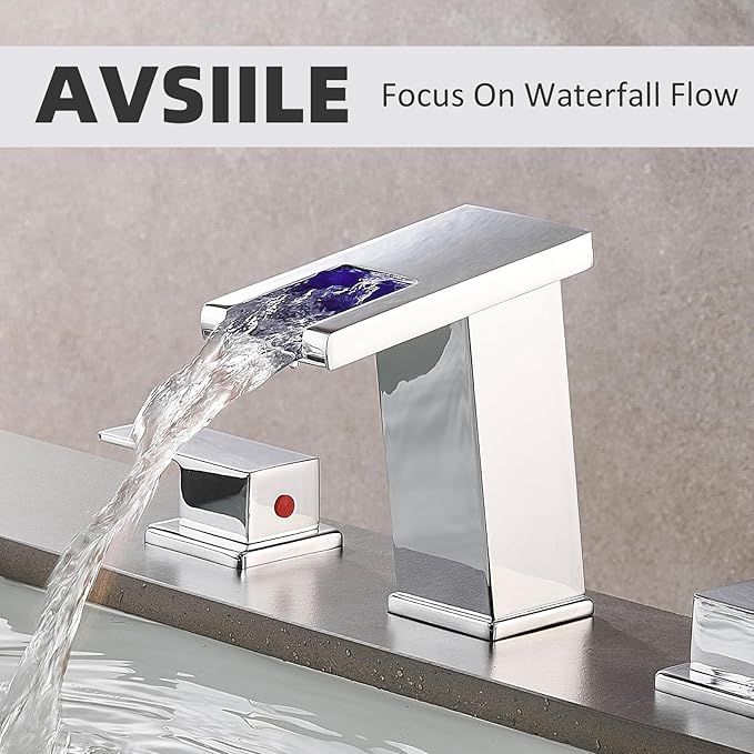 LED Bathroom Faucet 3 Hole, Chrome Waterfall Bathroom Faucets, 8 Inch Widespread Modern Bathroom Sink Faucet & Parts, Wide Spread Touch On Three Hole 2 Handle 3 Piece Bathroom Vanity Faucet
