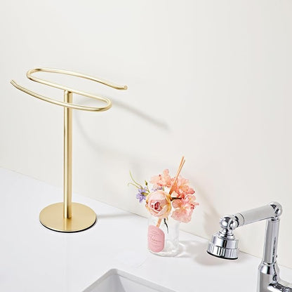 Light Brushed Gold Hand Towel Holder Stand, 13-Inch Tall Freestanding Towel Rack with Weighted Base, SUS304 Stainless Steel Countertop Towel Stand for Bathroom Vanity and Kitchen