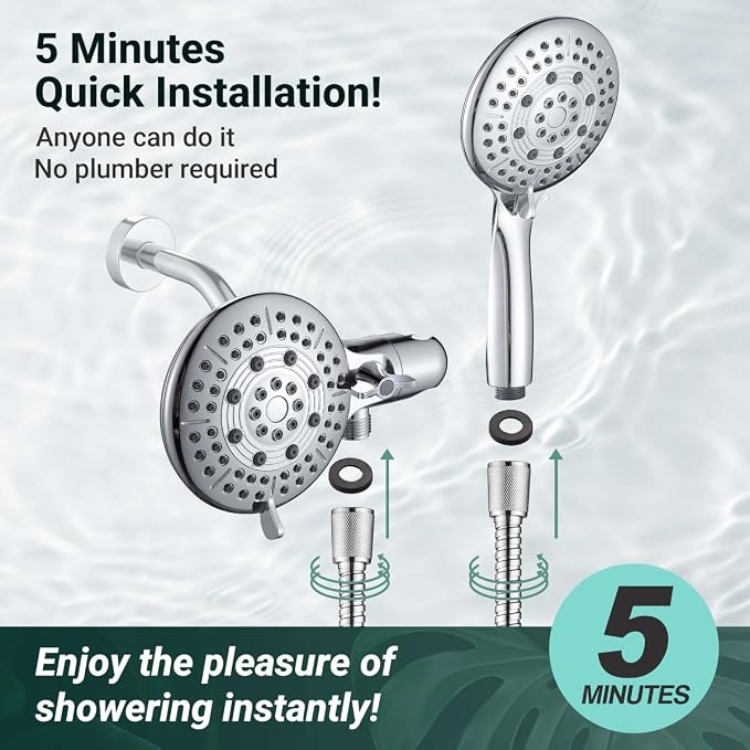 Cobbe® Dual Shower Head Combo, Handheld & Fixed, Chrome | Two Full-Size Shower Heads, 59'' Stainless Steel Hose, Water Saving with 3-Way Water Diverter, Tool-Free Installation