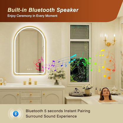 22x32 Inch Arched Gold Framed LED Bathroom Mirror with Lights, Built-in Bluetooth Speaker,Tempered Glass,Dimmable Lighted Bathroom Vanity Mirror with 3 Colors, Backlit + Frontlit, Memory, Anti-Fog
