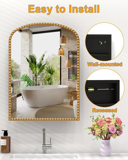 Bathroom Medicine Cabinet with Mirror, Wall Mount or Recessed Bathroom Mirror with Storage, Full-Metal 2 Adjustable Shelves and 1 Cabinet Organizer, Modern and Luxury Daisy Decor Bling Gold 20x28 Inch