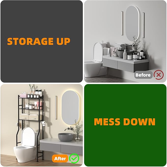 3-Tier Over Toilet Storage with 2 Basket & Anti-Tilt System - 150lb Total Capacity Metal Bathroom Shelves Including Paper Holder & 4 Hooks, Space Saving Above Commode Organizer (64" H, Black)
