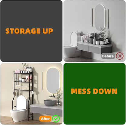 3-Tier Over Toilet Storage with 2 Basket & Anti-Tilt System - 150lb Total Capacity Metal Bathroom Shelves Including Paper Holder & 4 Hooks, Space Saving Above Commode Organizer (64" H, Black)