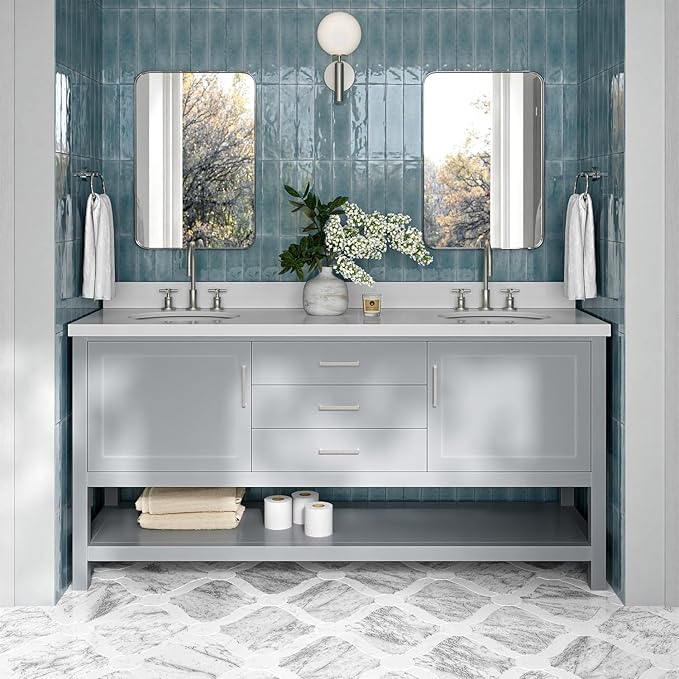 ARIEL Bayhill 72-inch Bathroom Vanity with Sink,Solid Wood, 1.5-inch Pure White Quartz Countertop & Backsplash, Double Oval Porcelain Sink, 2 Soft Closing Doors, 3 Dovetail Drawers, Grey
