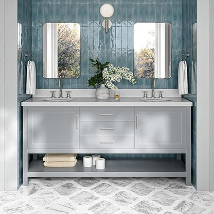 ARIEL Bayhill 72-inch Bathroom Vanity with Sink,Solid Wood, 1.5-inch Pure White Quartz Countertop & Backsplash, Double Oval Porcelain Sink, 2 Soft Closing Doors, 3 Dovetail Drawers, Grey