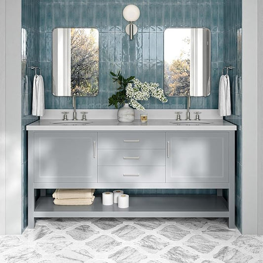 ARIEL Bayhill 72-inch Bathroom Vanity with Sink,Solid Wood, 1.5-inch Pure White Quartz Countertop & Backsplash, Double Oval Porcelain Sink, 2 Soft Closing Doors, 3 Dovetail Drawers, Grey