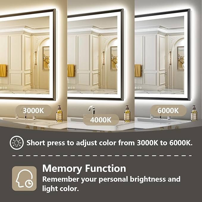 48x40 Black Framed LED Bathroom Mirror with Lights, Backlit and Front Light, Lighted Bathroom Vanity Mirror for Wall Dimmable Anti-Fog Memory Tempered Glass Horizontal/Vertical