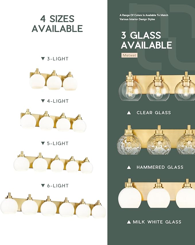 Bathroom Light Fixtures, 5-Light Brushed Gold Bathroom Vanity Lights Over Mirror with Globe Milk White Glass Shade, 32 Inch Modern Vanity Lighting Fixtures, VL195-BG-ML-5