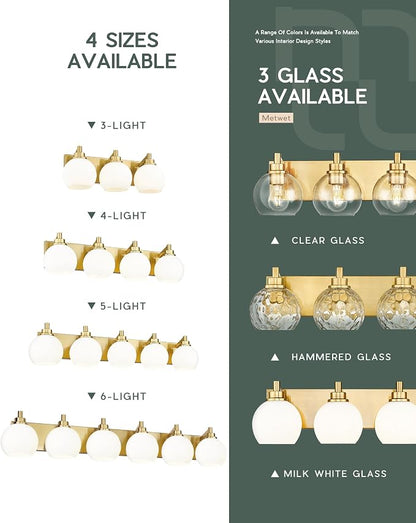 Bathroom Light Fixtures, 3-Light Brushed Gold Vanity Light, Modern Wall Sconces with Milk White Globe Glass Shade, Vanity Lighting Fixtures Over Mirror, VL195-BG-ML-3 | 18" modern bathroom light fixtures over mirror, E26 base, bulbs not included, VL195...