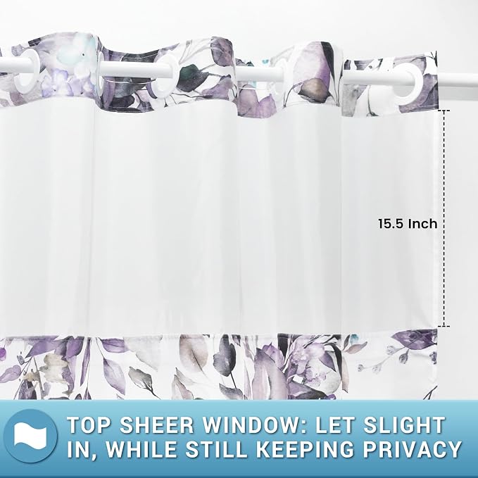 No Hook Floral Shower Curtain with Liner, Eucalyptus Plum, 71x74 | Snap in Liner, 3 in 1, Water Repellent, Easy Install, Machine Washable, Hotel Style for Bathroom, Watercolor Pattern