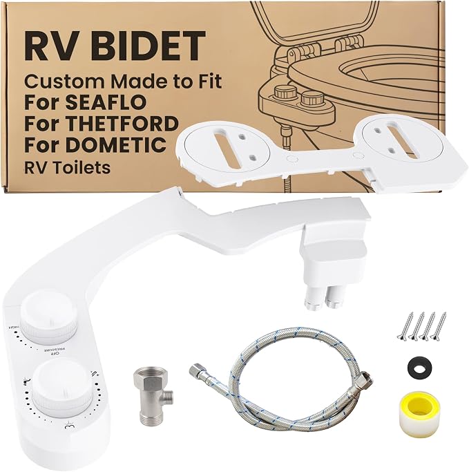 RV Bidet Toilet Seat Attachment Support for SEAFLO, RV Bidet for Camper Toilet, Self/Rear/Front Cleaning, Non-Electric Adjustable Water Pressure, Fresh Water