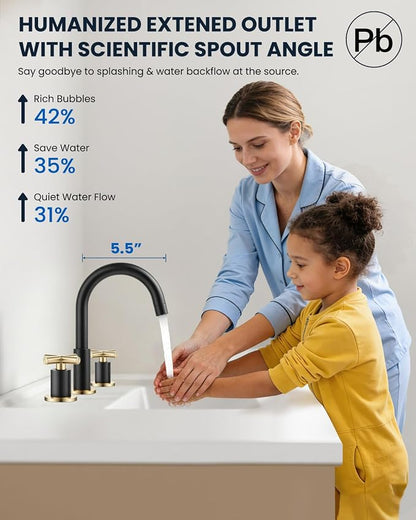 gotonovo 8’’ Widespread Bathroom Sink Faucet 3 Hole Black & Brushed Gold | Bathroom Faucet Vanity,6-16’’ Sink,Basin,RV,Lavatory,2 Cross Handle,SUS304,360° Swivel Spout,24’’ cUPC Hose,Pop Up Drain
