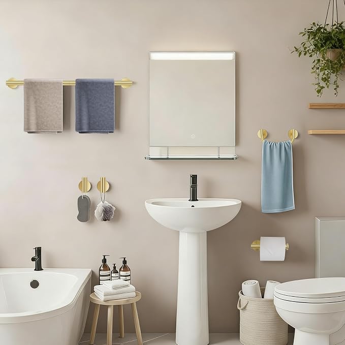 5-Piece Bathroom Hardware Accessories Set,Brushed Gold Towel Bar Set with Smiley Face Towel Rings, Stainless Steel Wall-Mounted Towel Holder Set for Bathroom,23.6 Inch