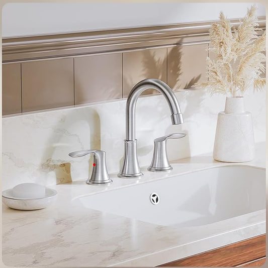 Phiestina Widespread 8 Inch 3 Holes Brushed Nickel Bathroom Faucet，Two Handles Stainless Steel Bathroom Sink Faucet with Metal Pop-Up Drain and Water Supply Lines, WFTY36-BN