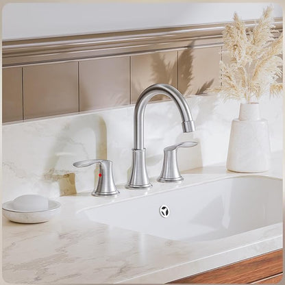 Brushed Nickel Widespread 8 Inch 3 Holes Bathroom Faucet，Two Handles Stainless Steel Bathroom Sink Faucet with Metal Pop-Up Drain and Water Supply Lines, WFTY36-BN