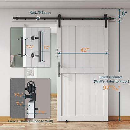 42''x 96'' Sliding Barn Door with 7 Ft Barn Door Hardware Kit | Pre-Drilled Holes Easy Assembly - Include Installation Manual, Water-Proof PVC Surface, H-Frame, White