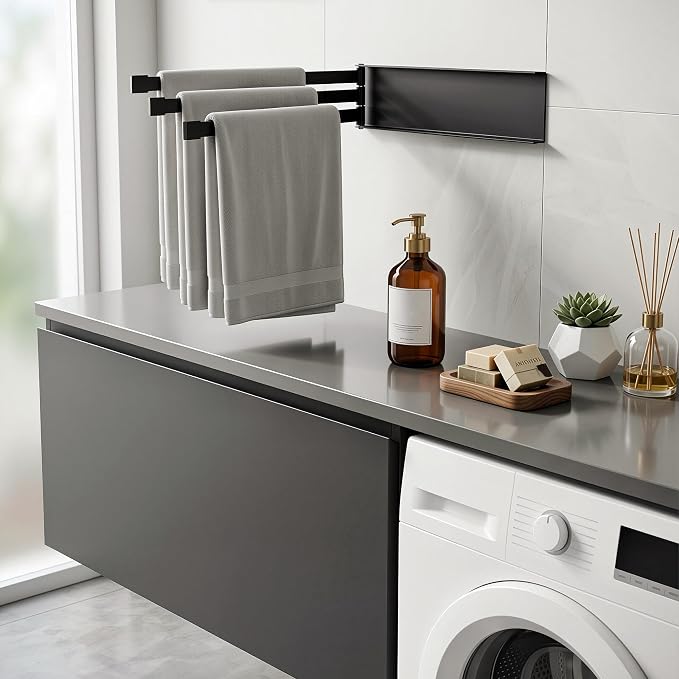 Swing Towel Holder Rack Matte Black | Wall Mounted Towel Bar, Swivel with 3-Arm for Bathroom Kitchen Storage
