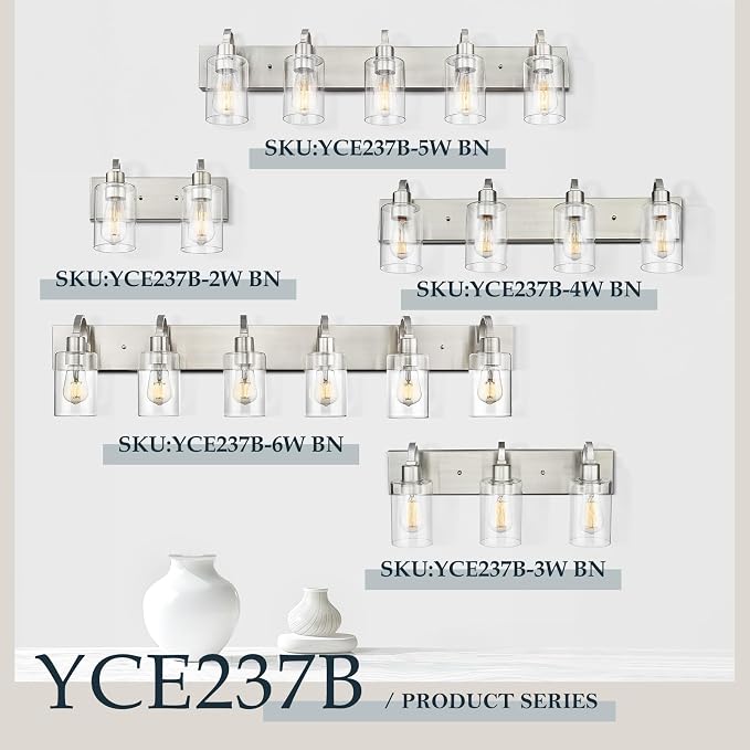 Emliviar 3-Light Vanity Light Fixture - Modern Bathroom Light Fixtures Over Mirror, Brushed Nickel Finish with Clear Glass, YCE237B-3W BN