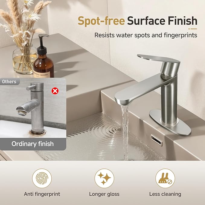 Single Hole Bathroom Faucet | 6.7" Brushed Nickel Single Handle Bathroom Faucet with 304 Stainless Steel Body, Spot-Free Finish & Anti-Splash | Premium Ceramic Valve, Easy Installation