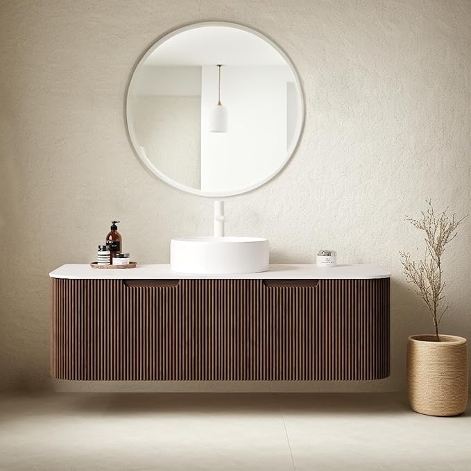 48" Floating Bathroom Vanity with Sink, Wall-Mount Cabinet 2 Large Storage Drawer, White Round Ceramic Basins with Stone Pattern and Marble Top, Soft-Close Design, Dark Walnut