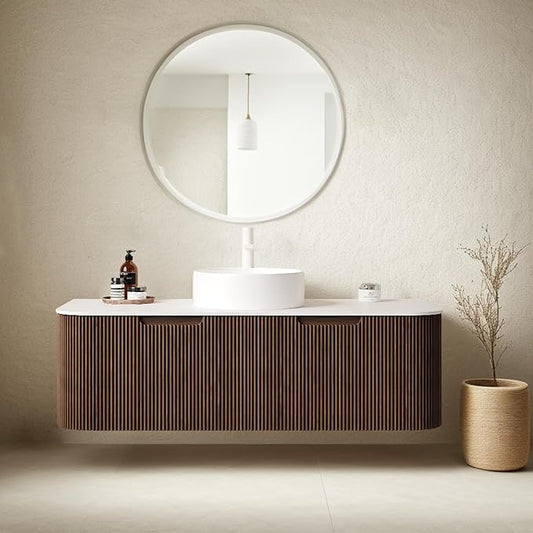 48" Floating Bathroom Vanity with Sink, Wall-Mount Cabinet 2 Large Storage Drawer, White Round Ceramic Basins with Stone Pattern and Marble Top, Soft-Close Design, Dark Walnut