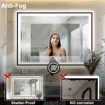 EchosLife 55x40 Bathroom Mirror with LED Lights - Black Framed | Black Frame, Front and Backlit, Anti-Fog, Stepless Dimmable, 3 Colors, Memory, Tempered Glass, UL Listed, Horizontal/Vertical