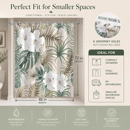 Tropical Shower Curtain for Bathroom, Green Palm Tree Flower Plant Boho Leaf Banana Monstera Sage Beige Shower Curtains Set, Fabric Bathroom Accessories with Hooks 48x72 Inch