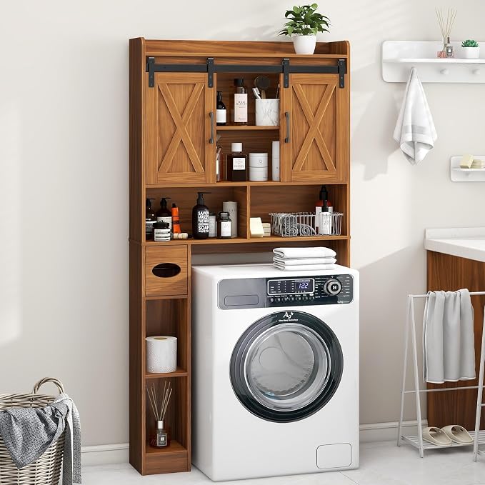 Vabches Over The Toilet Storage Cabinet with Sliding Doors, Caramel | Farmhouse Storage Cabinet Over Toilet, Home Space-Saving Toilet Rack, Toilet Paper Holder Stand,for Restroom,Bathroom,Laundry