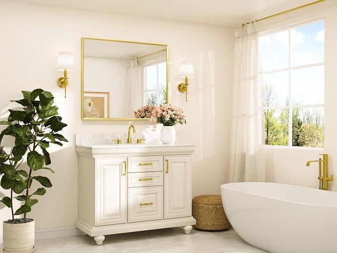 Brushed Gold Frame Mirror for Bathroom Wall 42" x 36" Brushed Brass Beveled Rectangle Bathroom Vanity Mirror for Over Sink, Bedroom, Entryway, Living Room, Tempered Glass, Stronger Frame