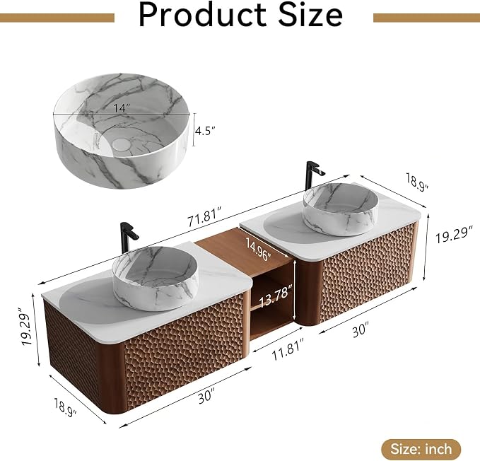 72 Inch Double Vanity with Sink Set, Floating Bathroom Sink Cabinet with Sintered Stone Top&Solid Wood Hammered Frame, Double Bathroom Vanities w/Soft-Close Drawers&1 Side Open Cube
