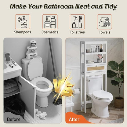 Over Toilet Storage Cabinet with Barn Door & Adjustable Shelves | 24 Inch Wide Bathroom Organizer, Space-Saving, Sturdy Wood, Anti-Tipping, Easy Assembly, for Restroom, Laundry, Small Spaces