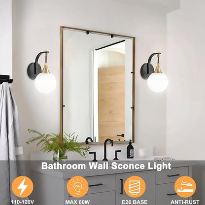 1-Light Bathroom Wall Sconce, Black and Gold Vanity Lighting | with White Milk Globe Glass Shade, Modern Wall Light Fixture for Bedroom Hallway Bathroom Kitchen