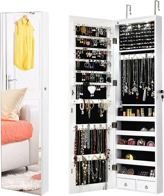 Byroce 47.5''H Jewelry Armoire, Over the Door/Wall Mounted, Full Length Mirror with Jewelry Storage, 2-LED Lockable Jewelry Cabinet with 2 Drawers, Hanging Jewelry Organizer for Bedroom (White)