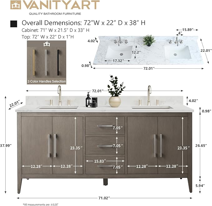 Vanity Art 72 inch Bathroom Vanity with Double Sink & Ceramic Top, Vanity Cabinet with Soft-Closing Doors, Drawers, Solid Wood Frame, Driftwood Gray, Matte Black Handware