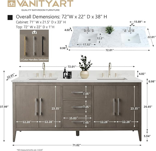 Vanity Art 72 inch Bathroom Vanity with Double Sink & Ceramic Top, Vanity Cabinet with Soft-Closing Doors, Drawers, Solid Wood Frame, Driftwood Gray, Brushed Nickle Handware